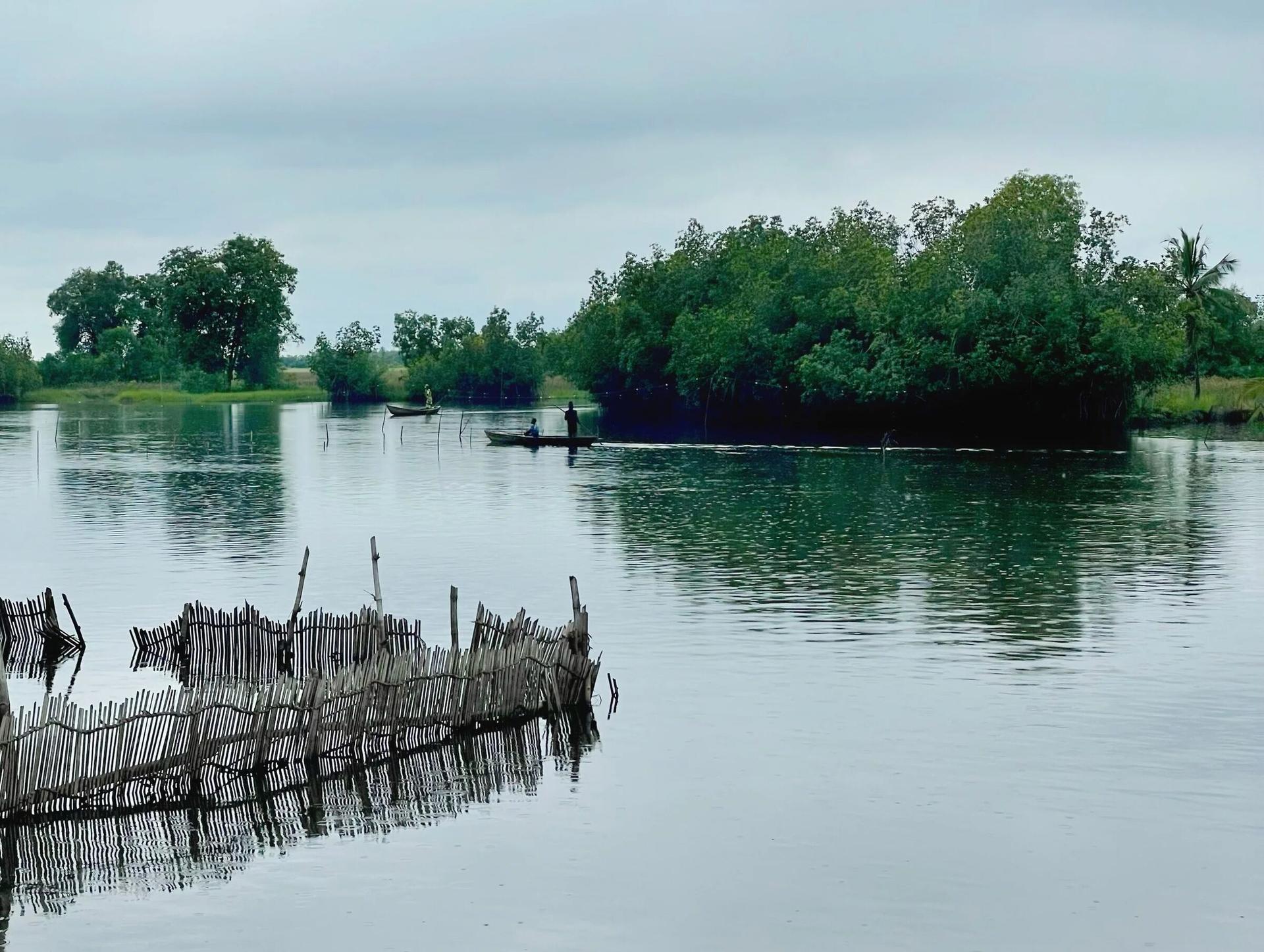 Fish traps and mangrove islands on a still lagoon